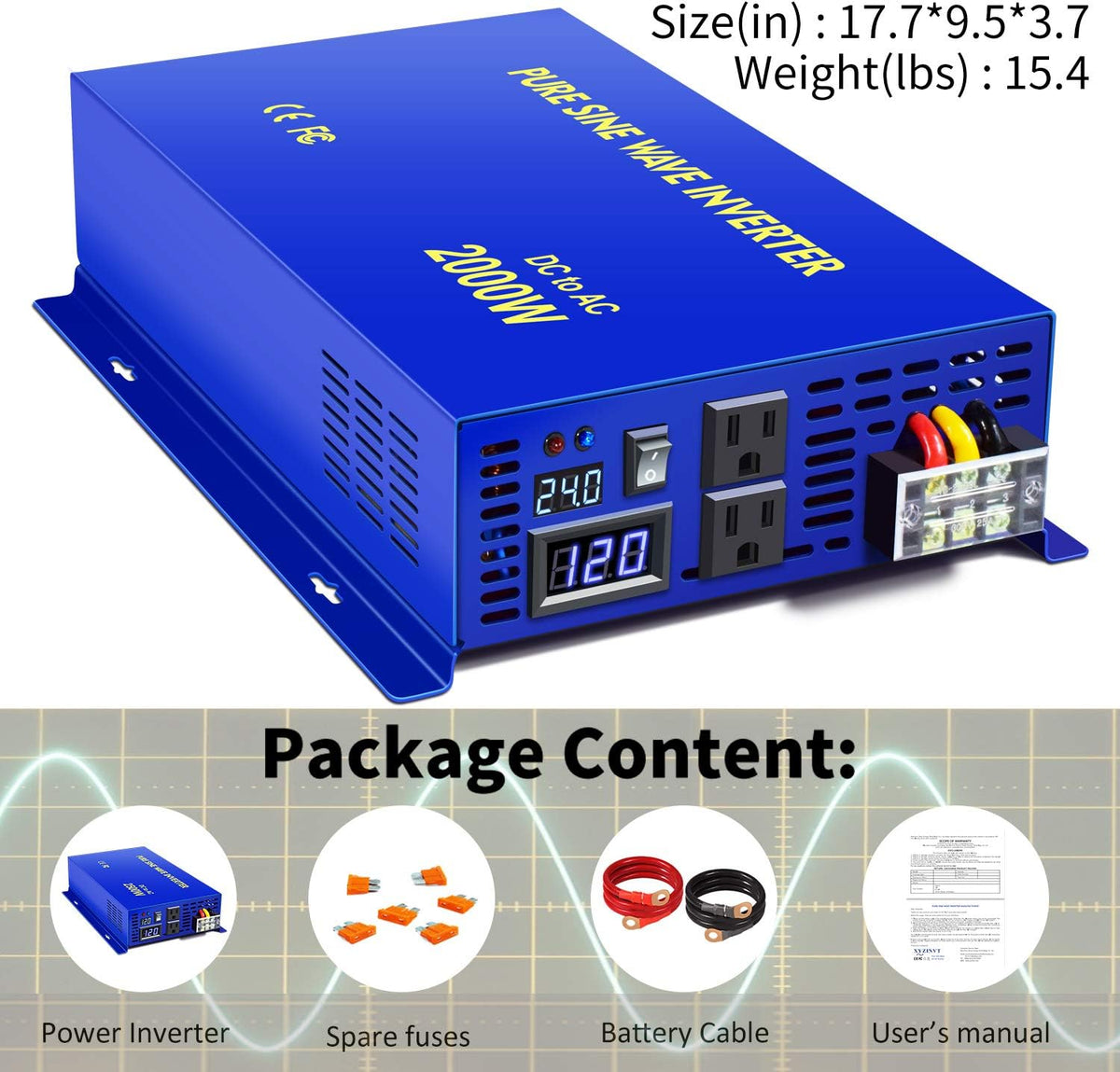 2000 Watt Pure Sine Wave Inverter 24V DC to AC 120V A8383