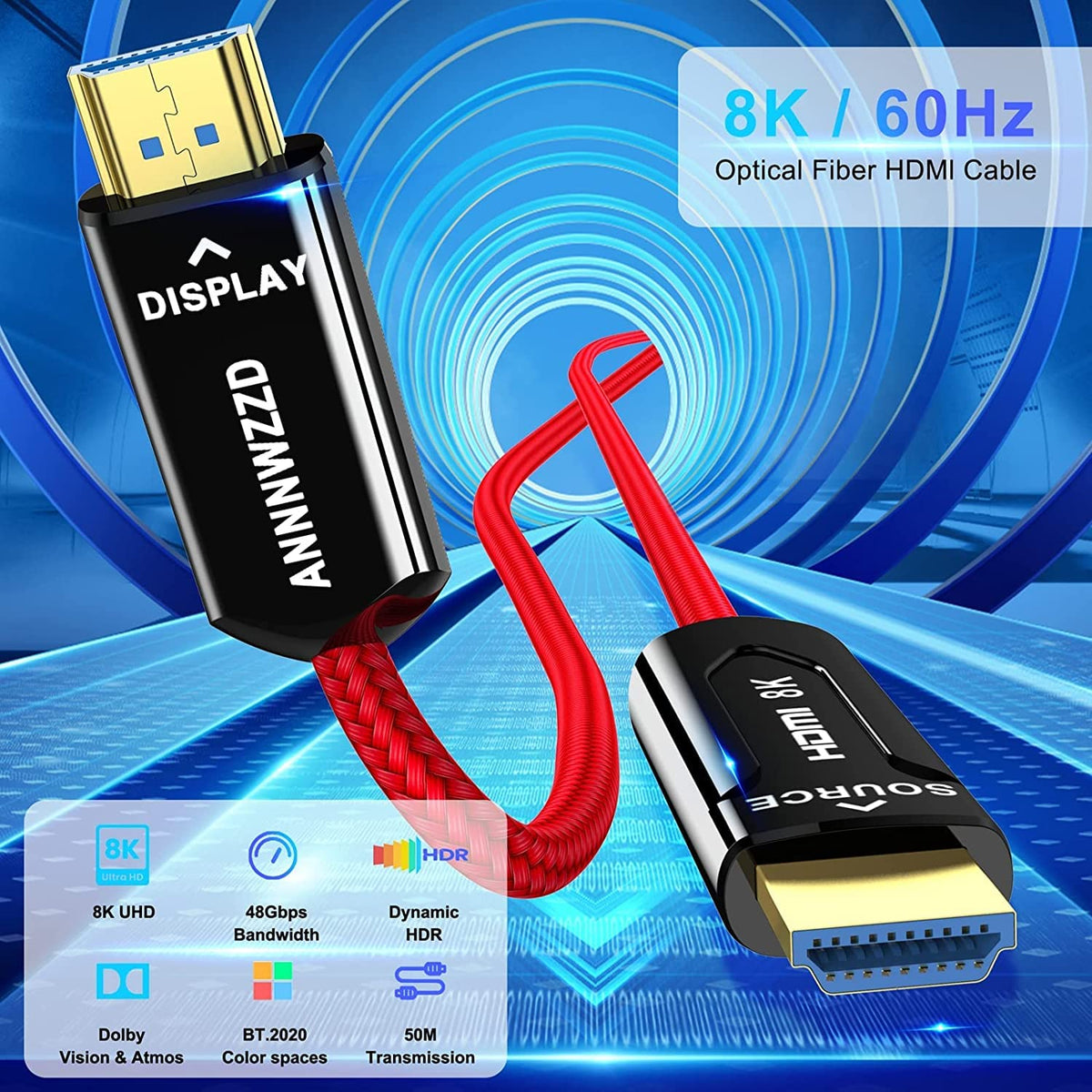 8K HDMI Fiber Optic Cable 164FT 50M Red Braided W93096