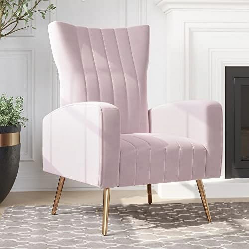 Pink Velvet Upholstered Wingback Accent Chair with Metal Legs Z1283