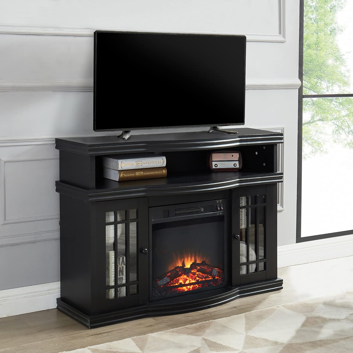 Black Electric Fireplace TV Stand with Two Tempered Glass Storage Cabinet and Adjustable Shelves L7495