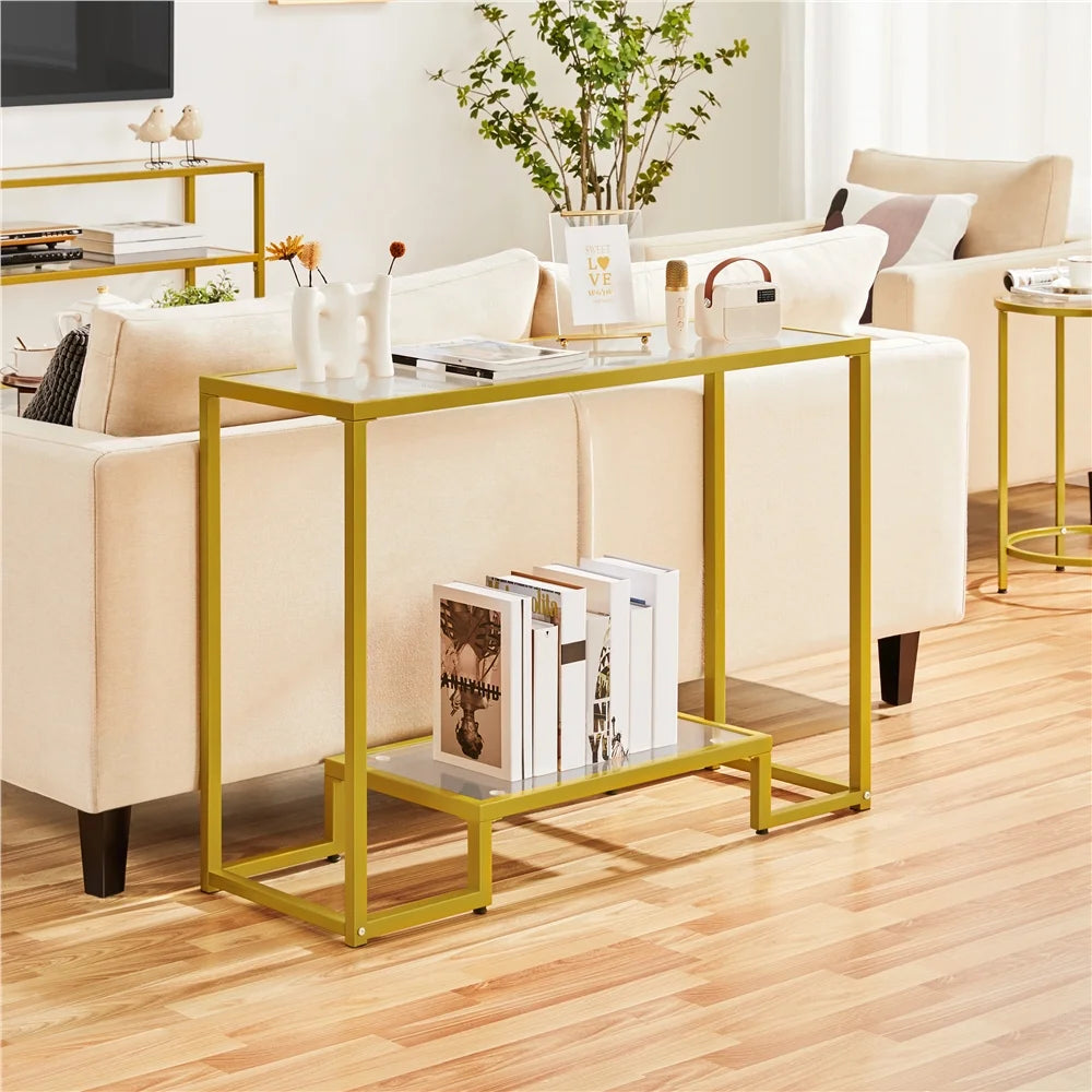 Gold Tempered Glass Console Table with Metal Frame T4429