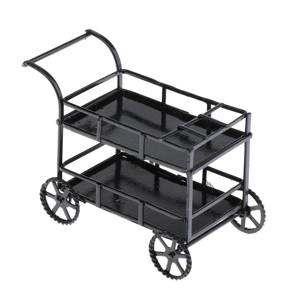 Black Metal 1/12 Dollhouse Miniature Food and Beverage Cart Accs F3753
