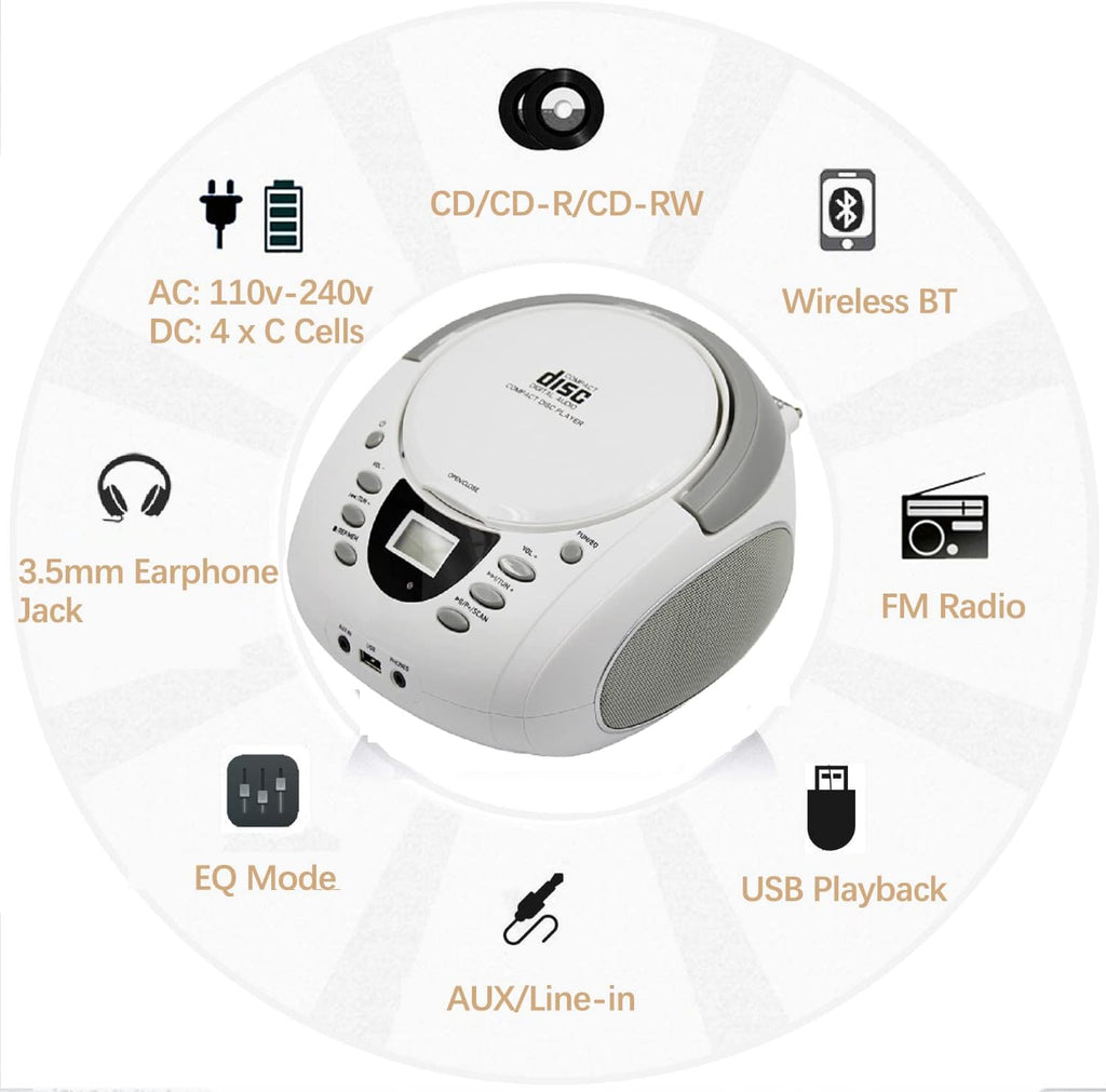 White Pack of 2 Portable CD Player Boombox with FM Radio, Bluetooth, Stereo Speaker V711033