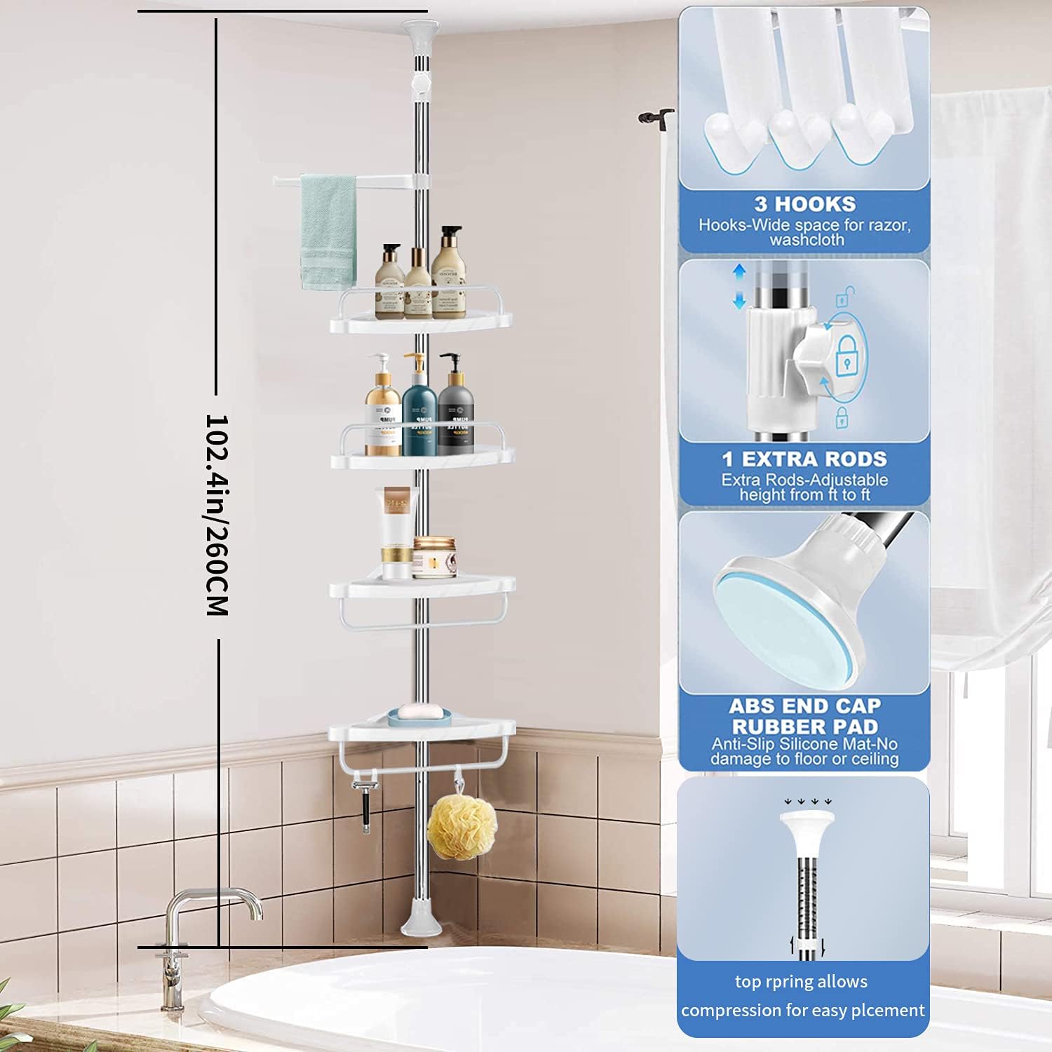 Shower Caddy 4 Tier Adjustable Shelves Rustproof H955092