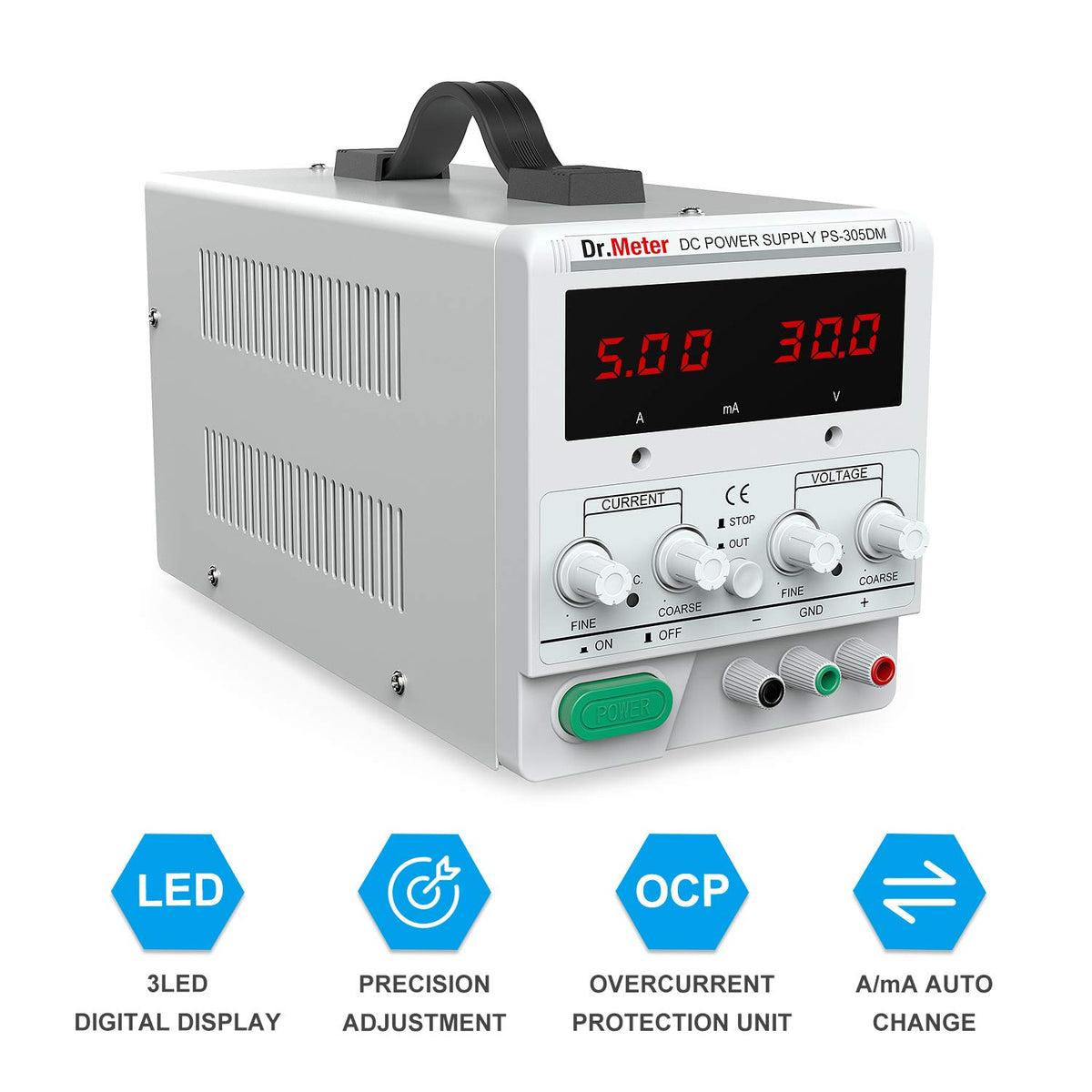 30V 5A Adjustable Switching Regulated DC Bench Linear Power Supply with Alligator Leads and 3 LED Digital Display X505