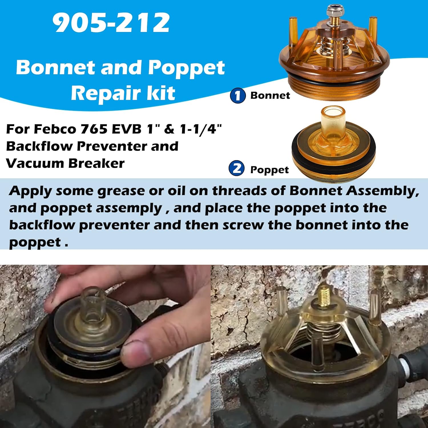 905-212 Bonnet and Poppet Repair Kit & 905-052 Check Valve Assembly Repair Kit & Canopy for Febco 765EBV 1" & 1-1/4" 765 Backflow Preventer and Vacuum Breaker Pack of 2 H190921
