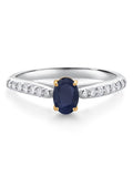 925 Sterling Silver 10K Yellow Gold Blue Sapphire White Lab Grown Diamond Engagement Ring (0.74 Cttw, Oval 6X4MM) U81020