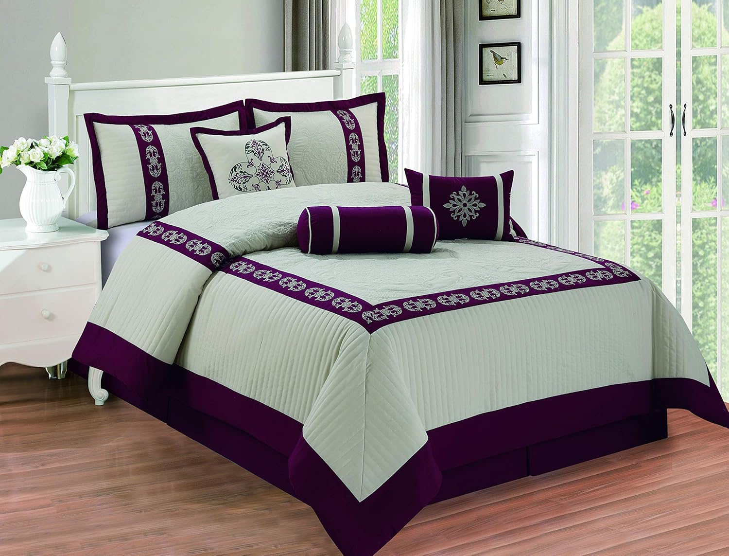 7 Piece Embroidered Over-Sized Comforter Set Queen Purple Grey B88869