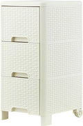 3 Drawer White Wicker Storage Cabinet with Wheels M7460