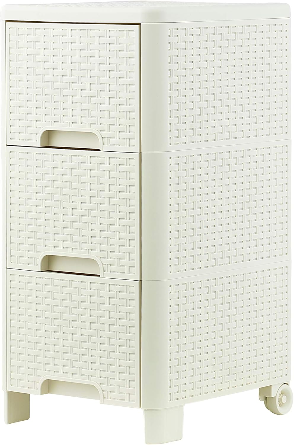 3 Drawer White Wicker Storage Cabinet with Wheels M7460