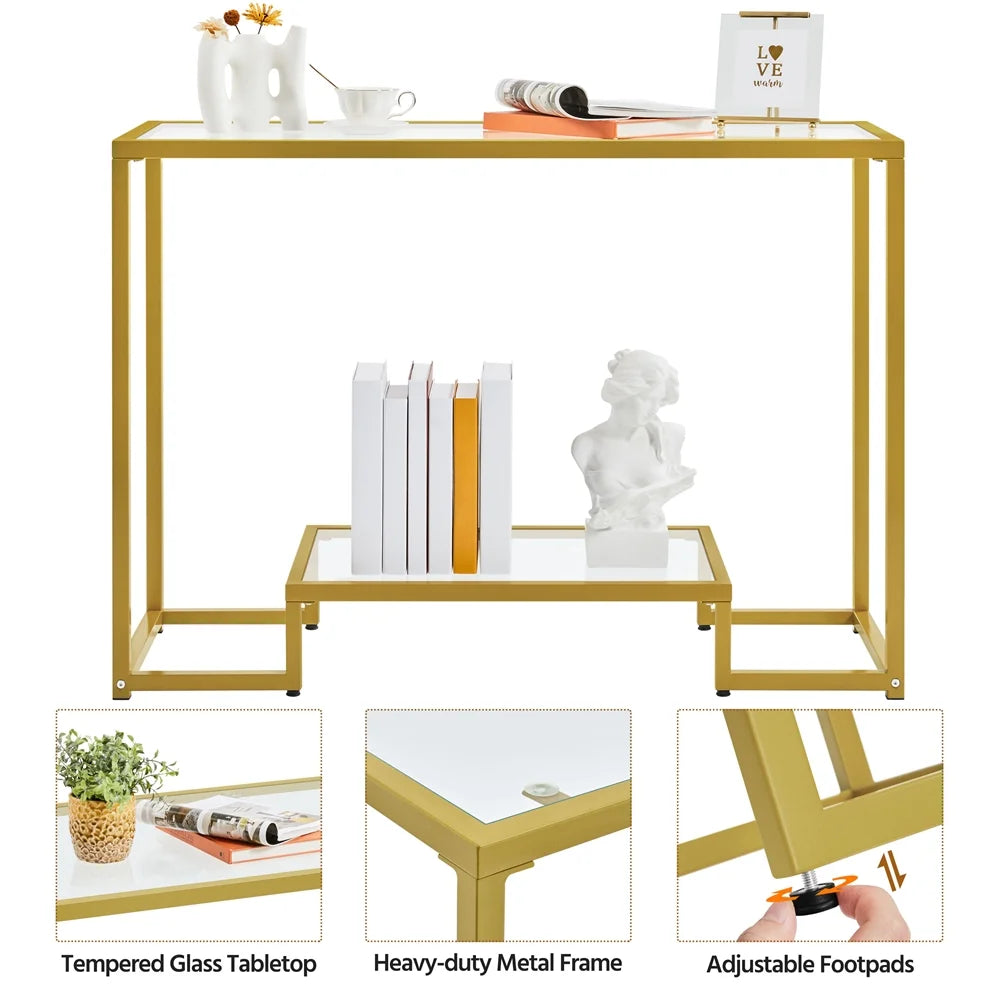 Gold Tempered Glass Console Table with Metal Frame T4429