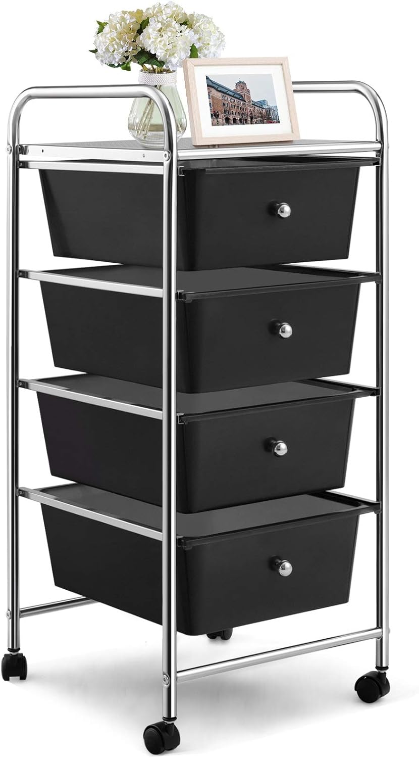 4-Drawers Storage Cart Bin with Wheels and Metal Frame (Black) K714968