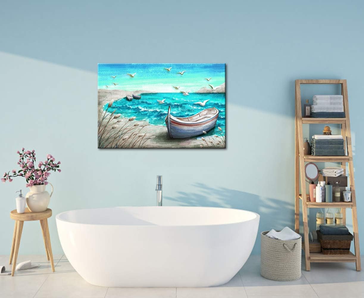 Canvas Wall Art Abstract Ocean Boat Painting Seascape Picture Prints Stretched and Framed 16x24Inch D4532
