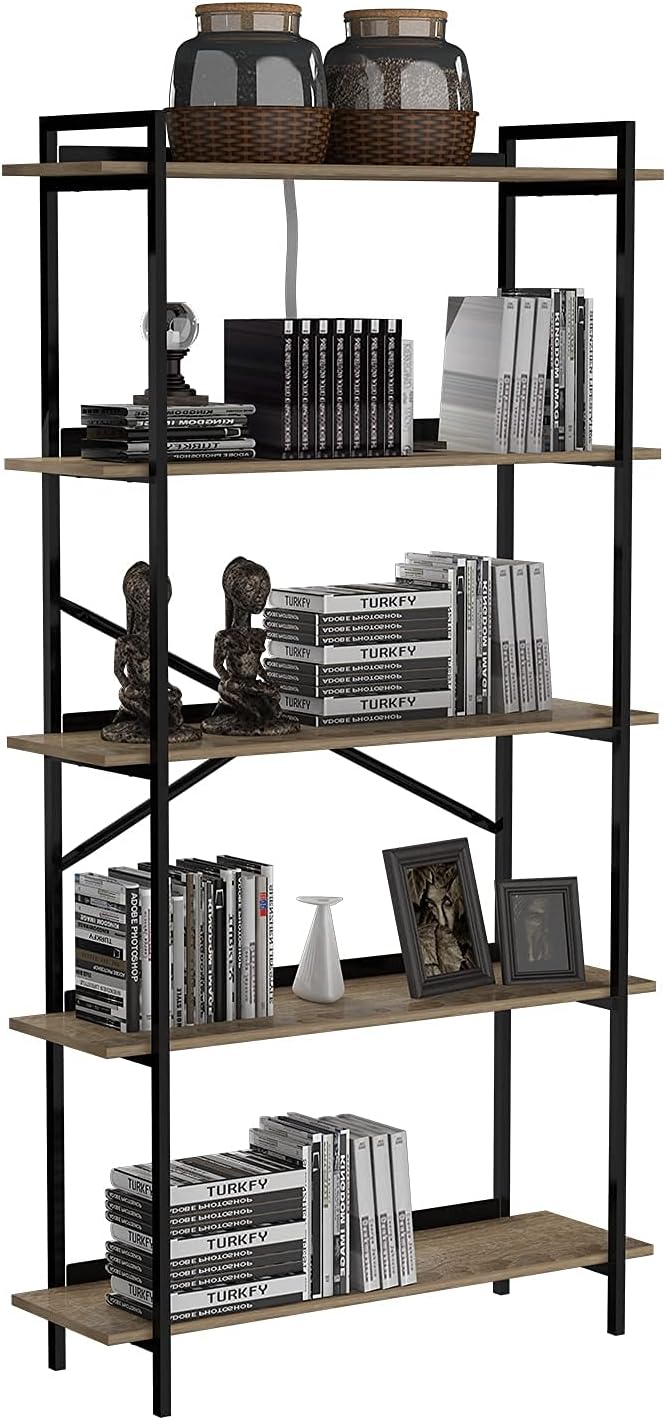 5-Tier Dark Brown Wooden Bookcase with Metal Frames H812200
