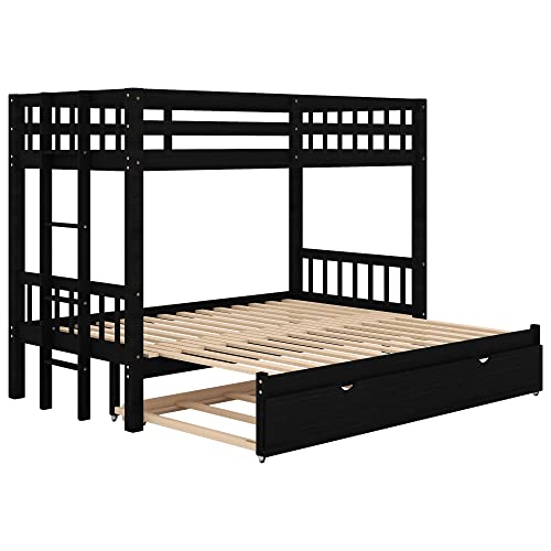 Twin over Double Twin Bunk Bed with Trundle, Wooden, Espresso I705544