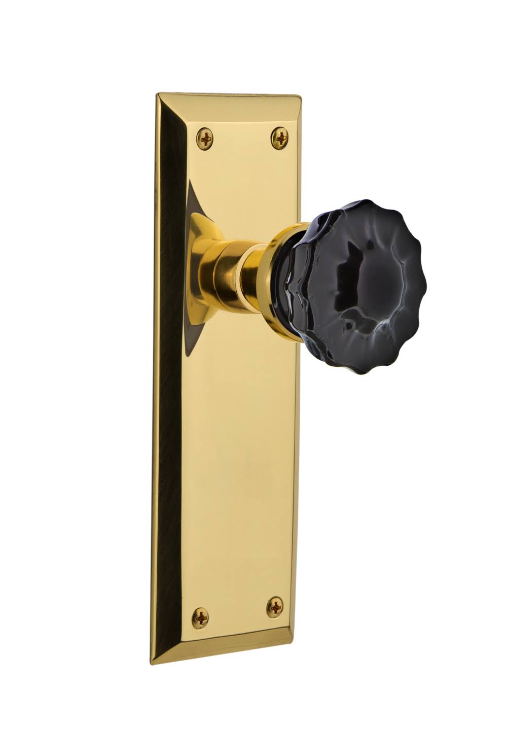 Crystal Black Glass Door Knob in Unlaquered Brass X397