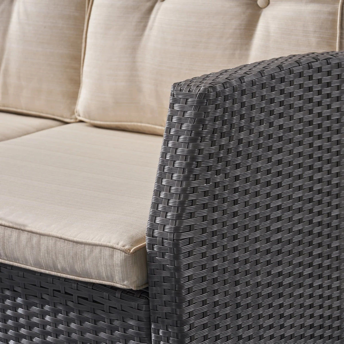 Beige and Dark Brown Outdoor Wicker 3 Seater Sofa with Tufted Cushions N36916