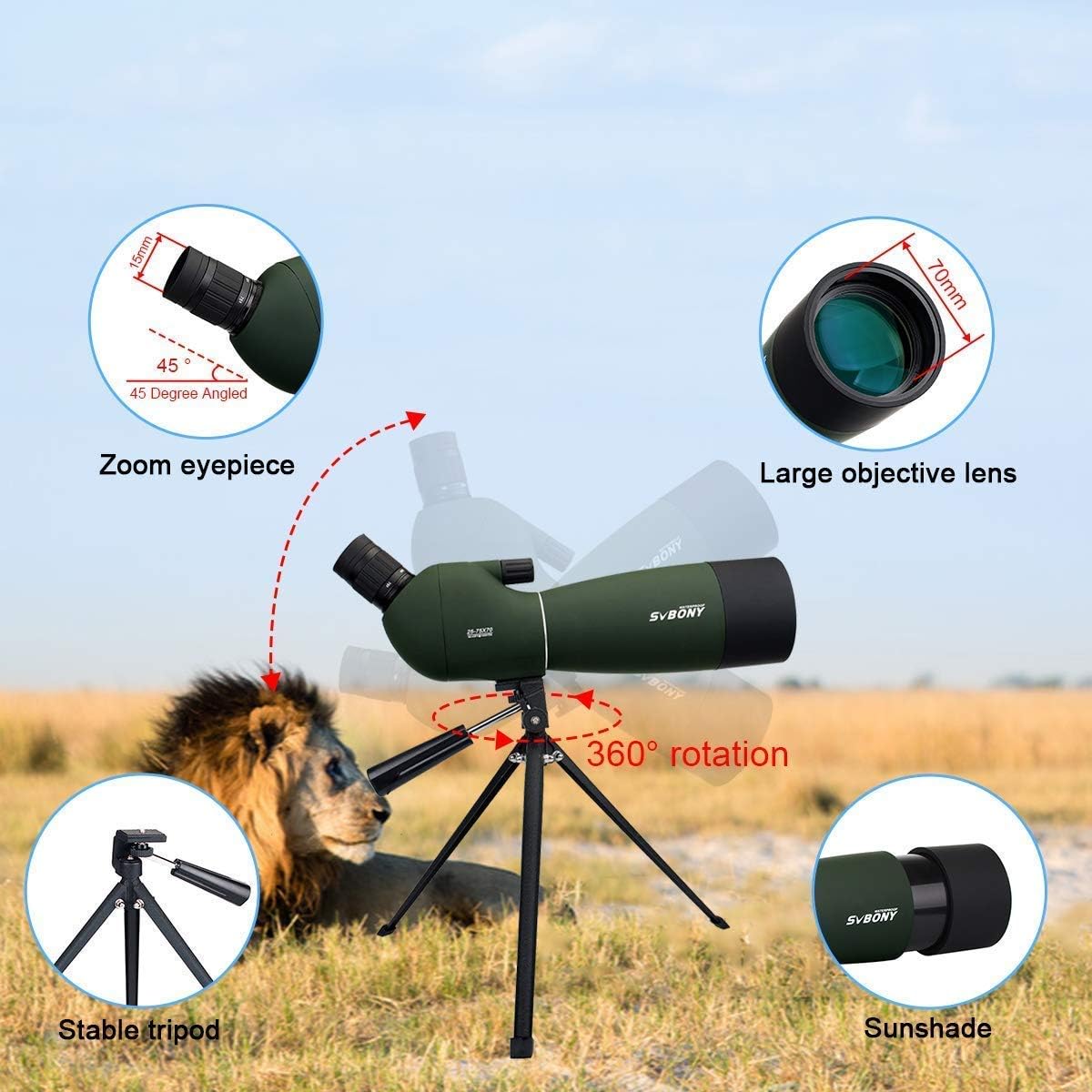 25-75x70 Angled Waterproof Spotting Scope with Tripod, Phone Adapter T619997