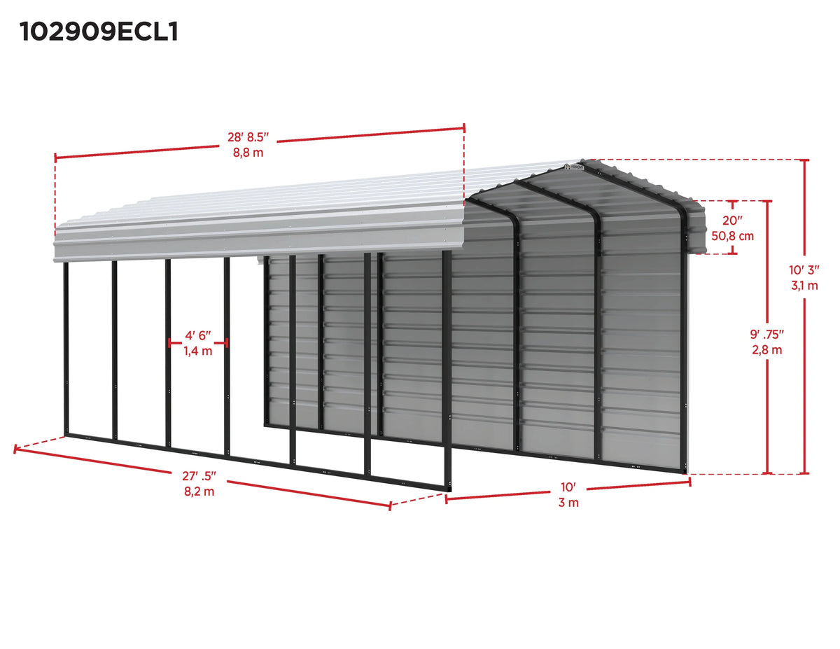 Galvanized Steel Carport Kit with 1-Sided Enclosure, 10' x 29' x 9' C42687