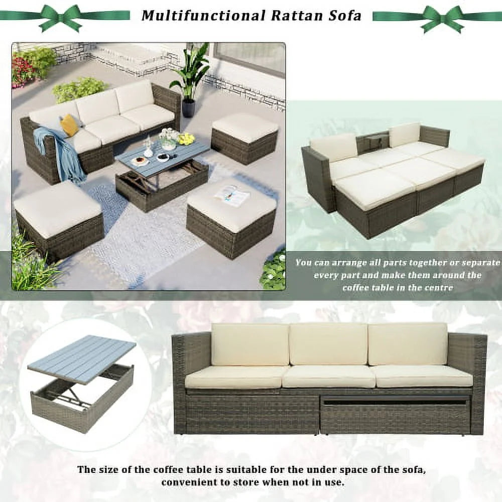 5-Piece Patio Wicker Sofa with Ottomans and Lift Top Coffee Table O7230