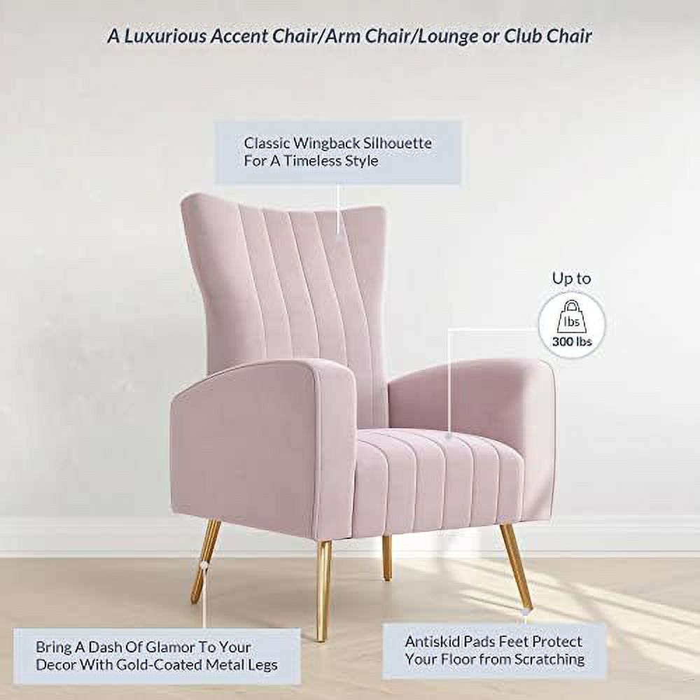 Pink Velvet Upholstered Wingback Accent Chair with Metal Legs Z1283
