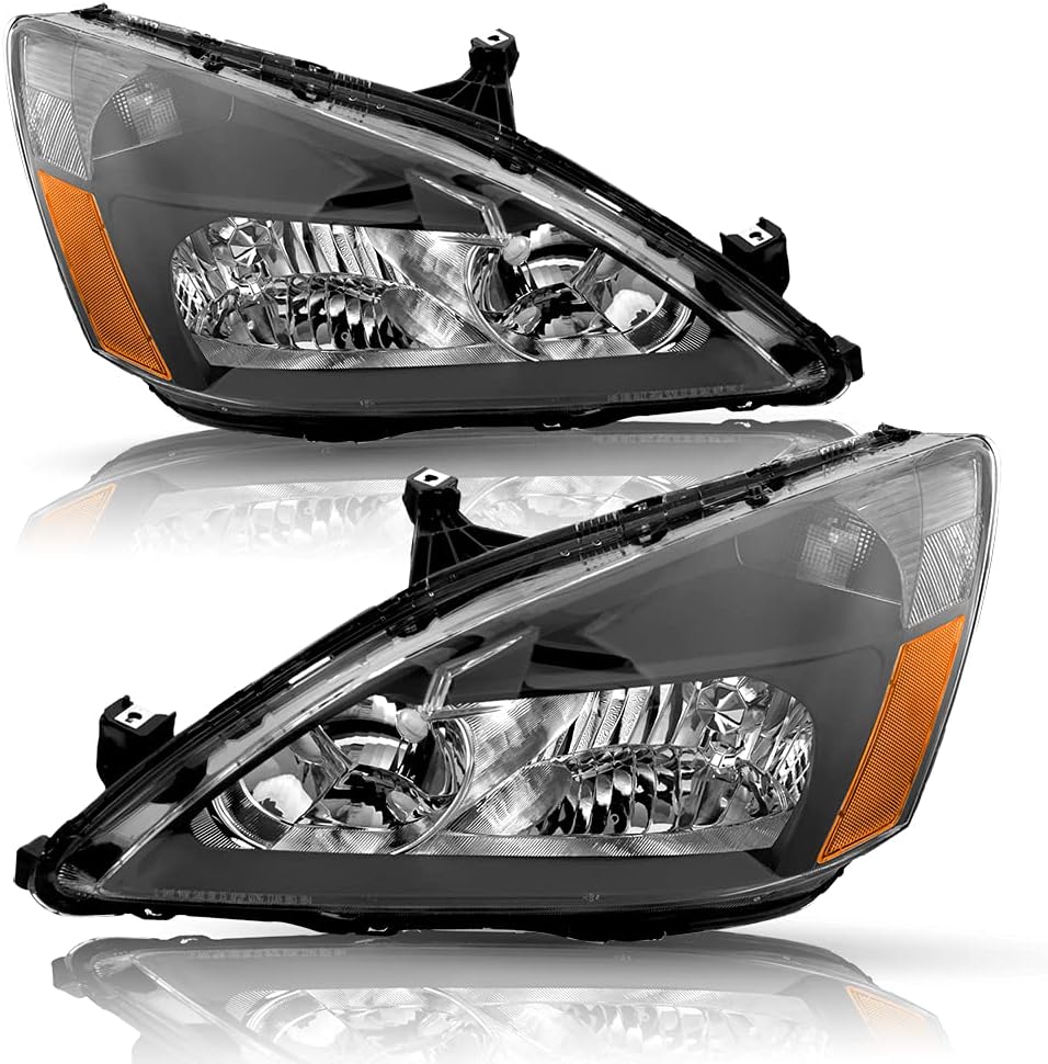 Headlight Assembly Set for 2003-2007 Honda Accord Black Housing Amber Reflector E736654