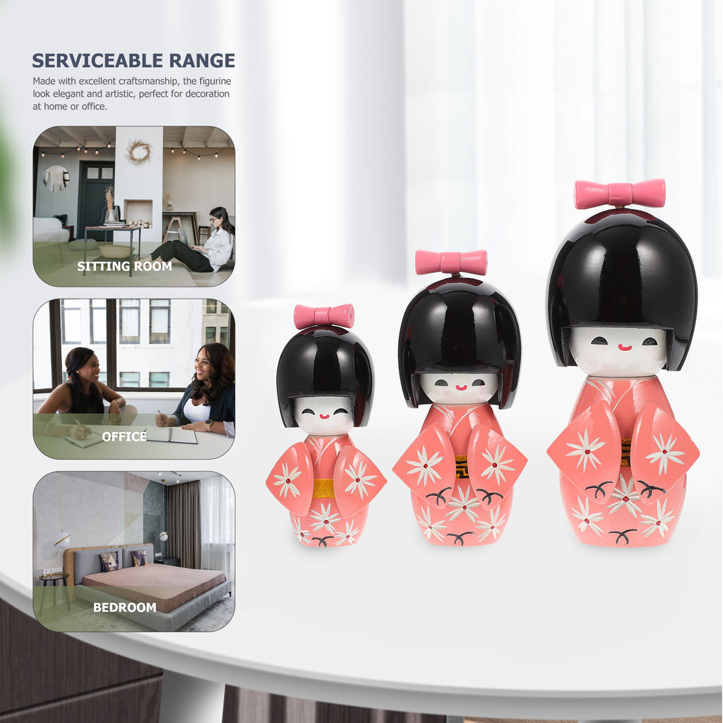 3 Pcs Japanese Wooden Antique Dolls Desktop Figurine X8832