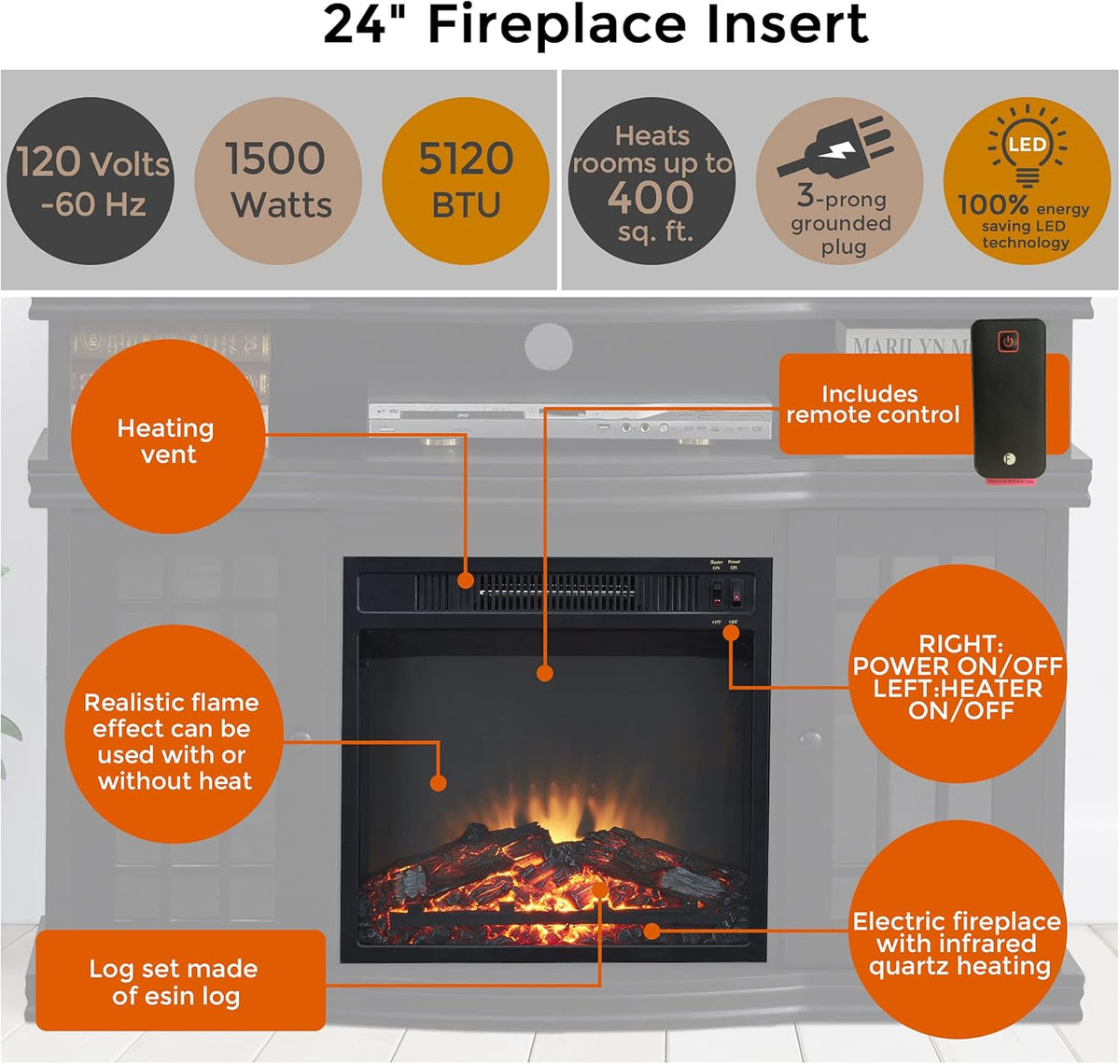 Black Electric Fireplace TV Stand with Two Tempered Glass Storage Cabinet and Adjustable Shelves L7495