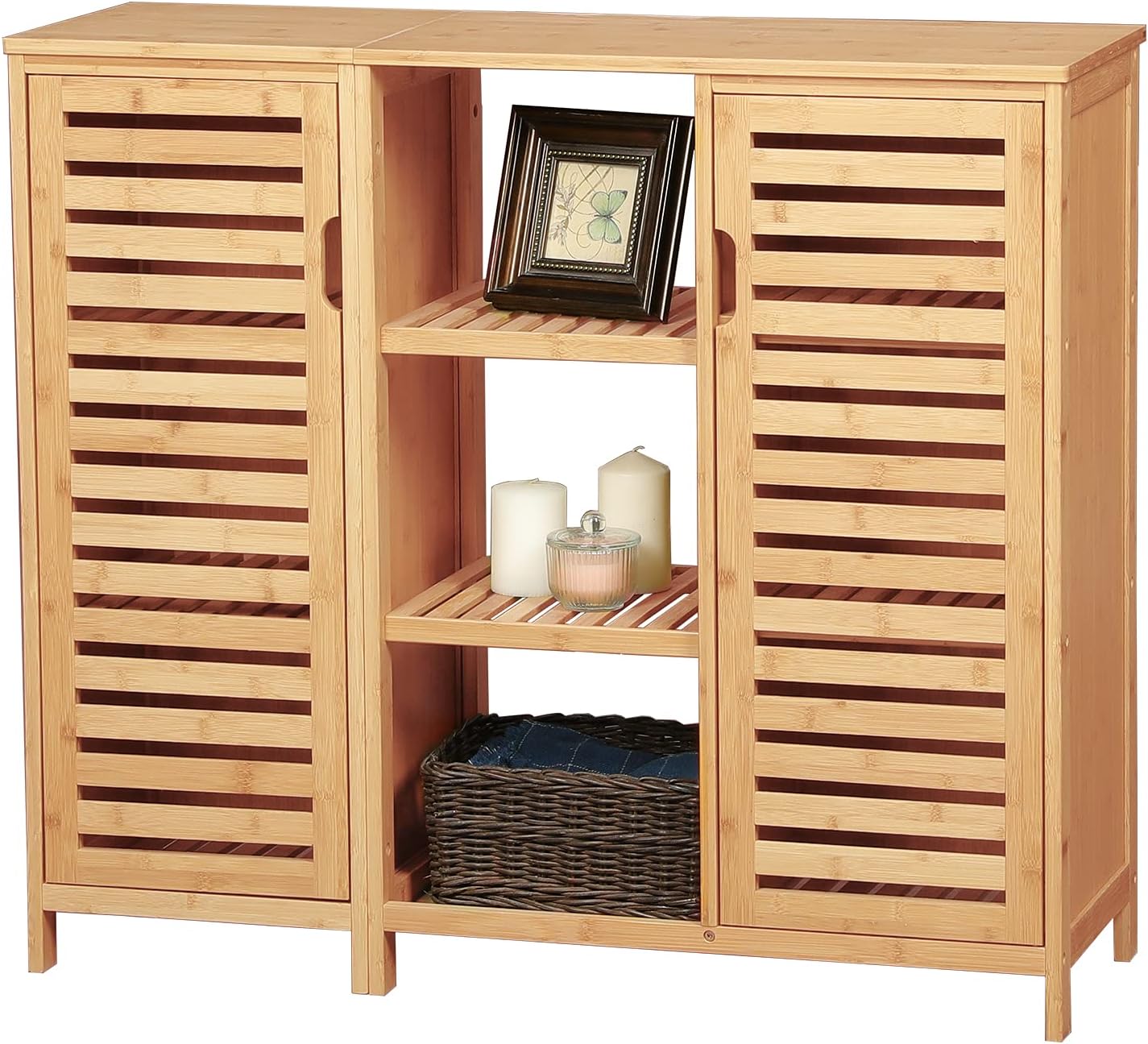 Bamboo Bathroom Storage Cabinet with 2 Louvered Doors and 3 Shelves N8405