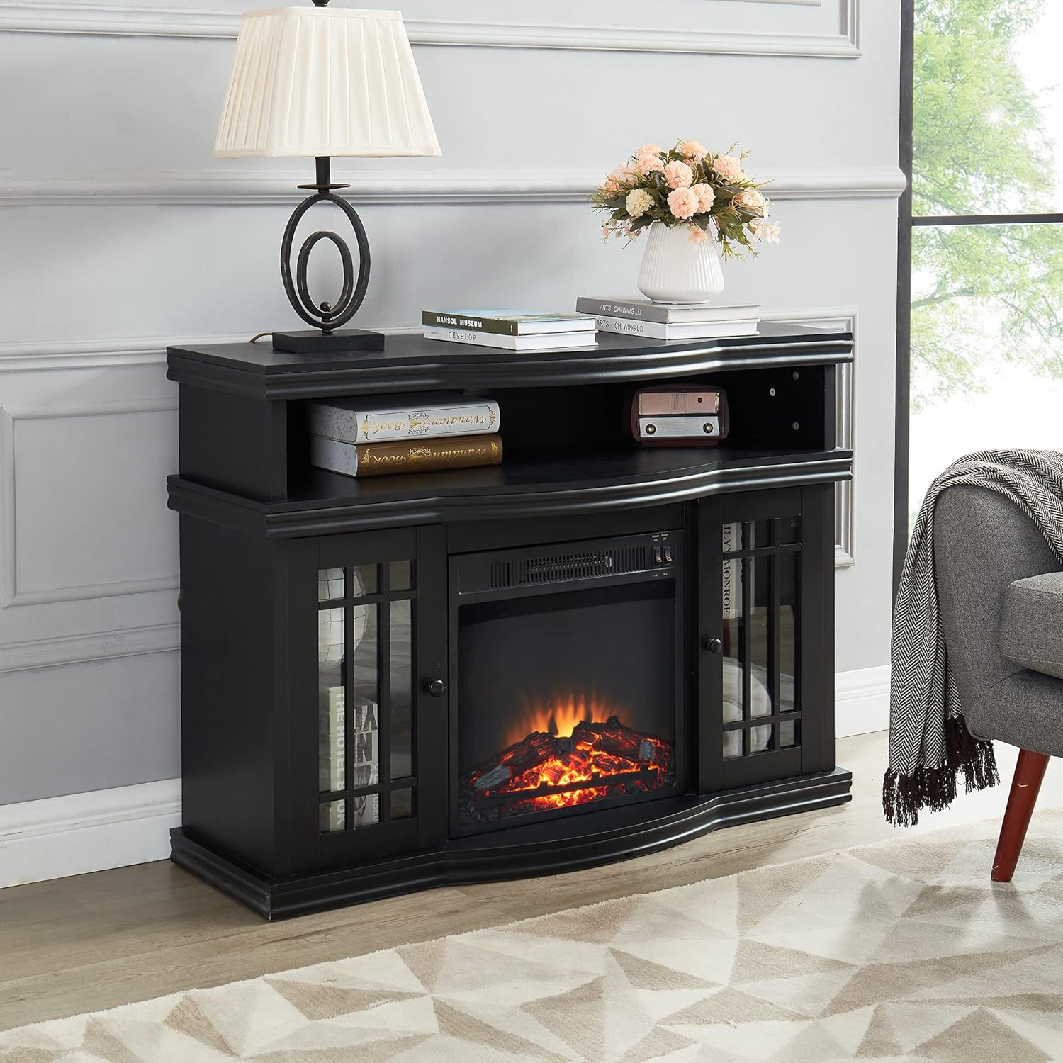 Black Electric Fireplace TV Stand with Two Tempered Glass Storage Cabinet and Adjustable Shelves L7495