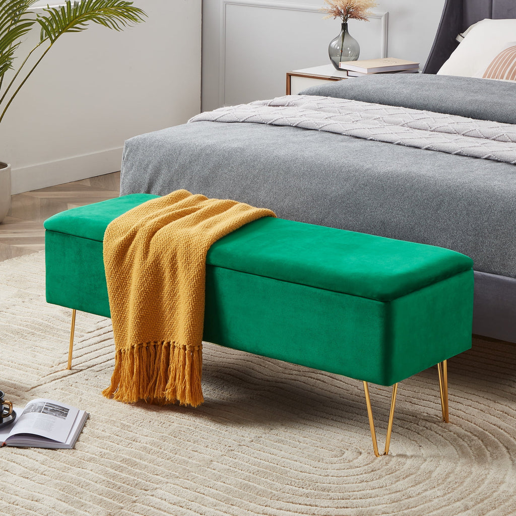 Emerald Green Velvet Storage Bench with Gold Finished Pin Legs R73116