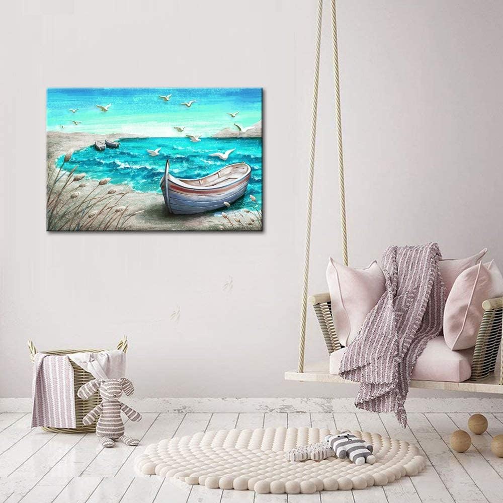 Canvas Wall Art Abstract Ocean Boat Painting Seascape Picture Prints Stretched and Framed 16x24Inch D4532