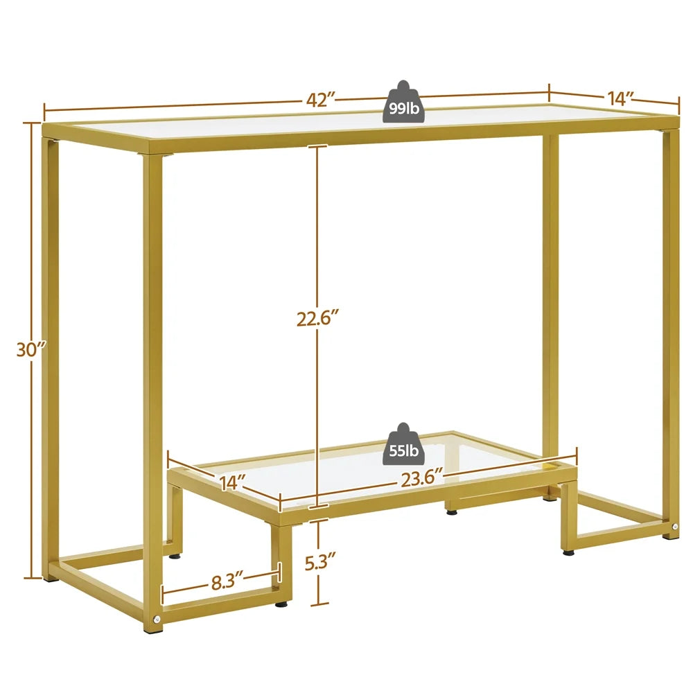 Gold Tempered Glass Console Table with Metal Frame T4429