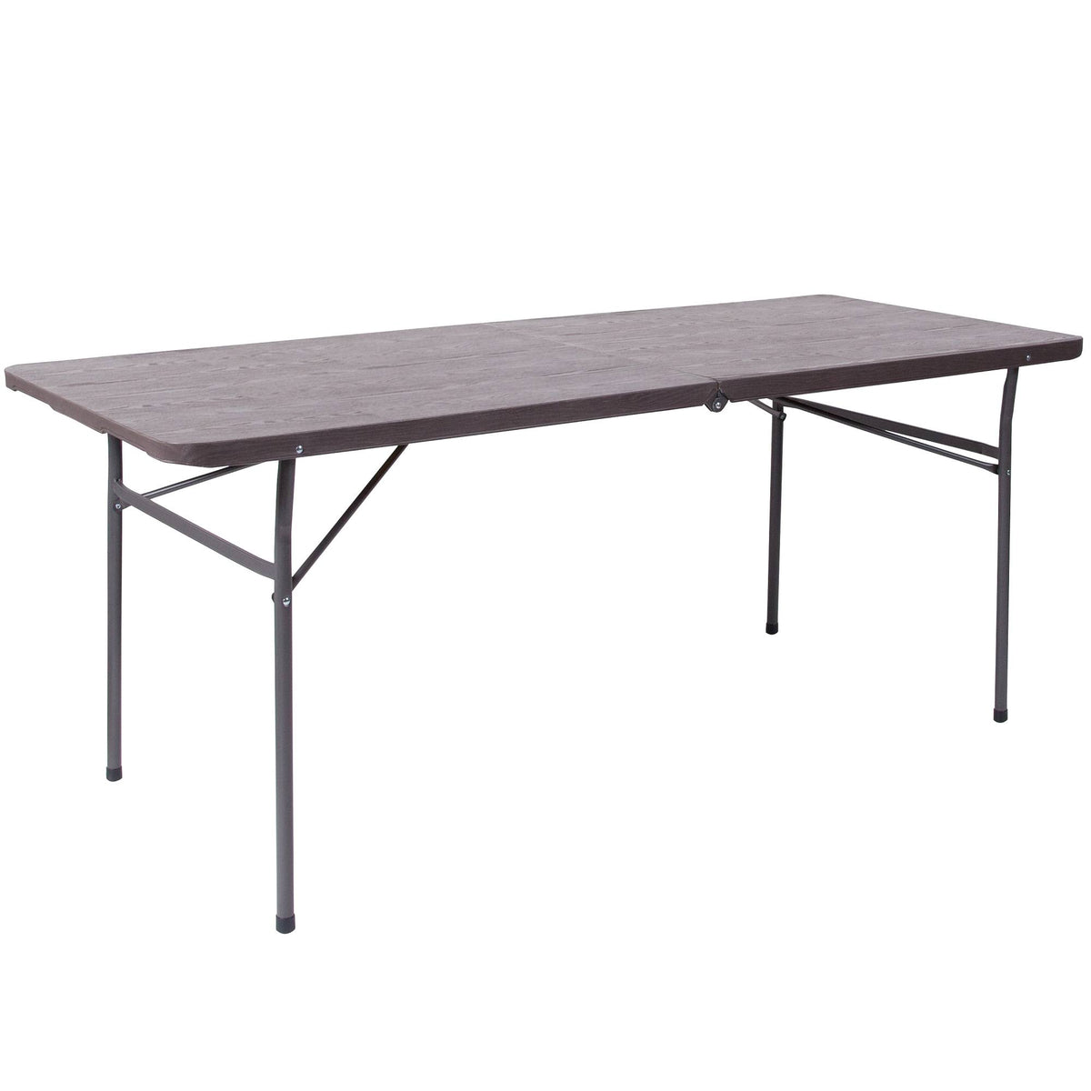 Bi-Fold Brown Wood Grain Plastic Folding Table with Carrying Handle T587742