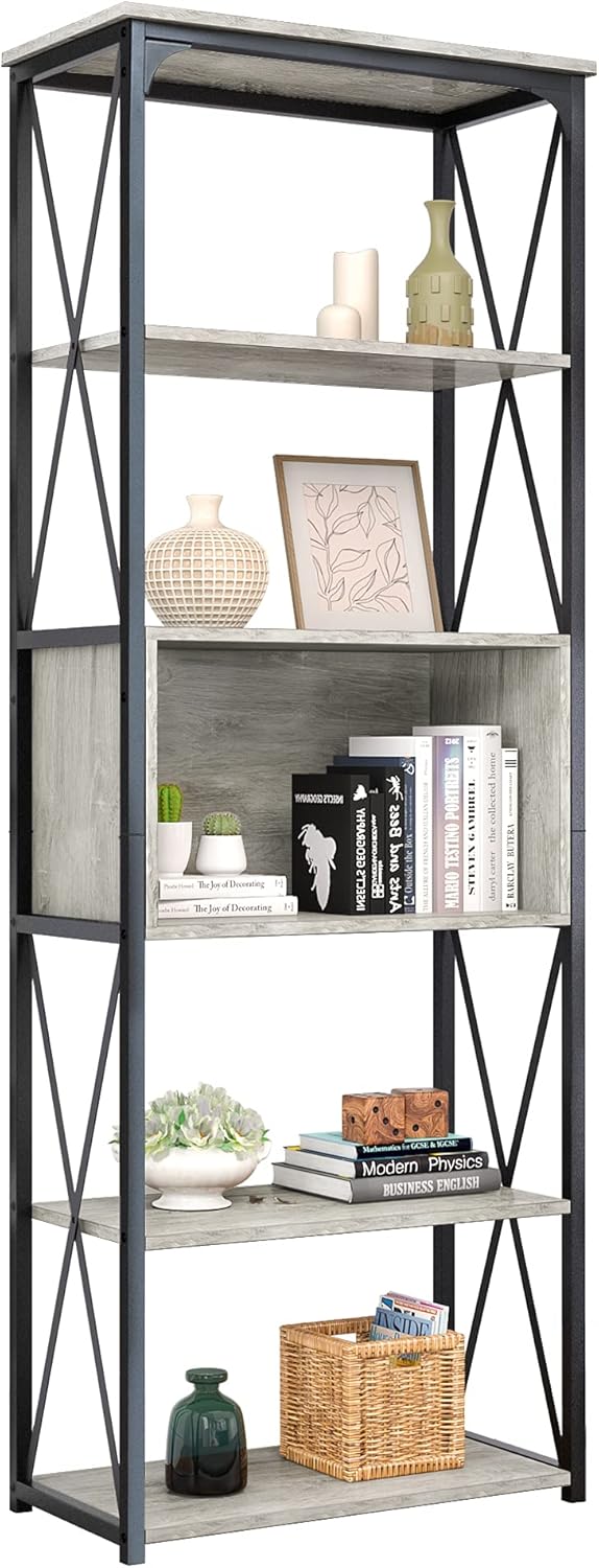 Industrial 5 Tier Open Shelf Bookcase, Wash White and Black V25251