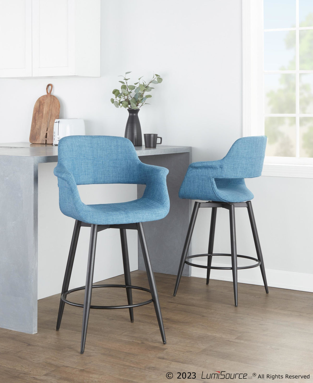 26" Mid-Century Modern Counter Stool with Swivel in Matte Black Metal and Blue Fabric with Round Metal Footrest - Set of 2 Z3292