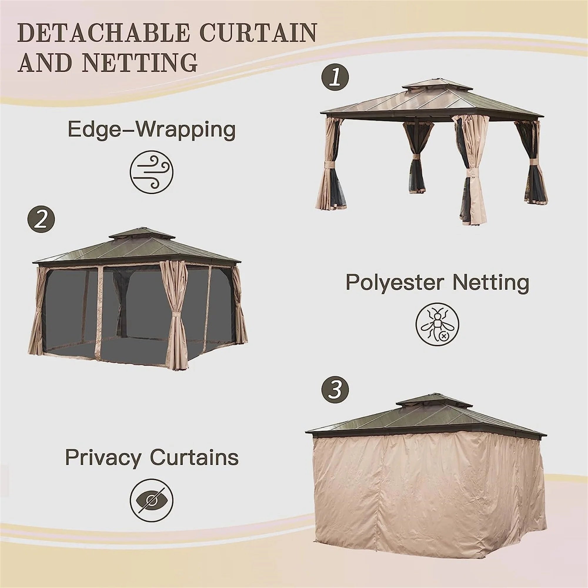 Hardtop Gazebo with Polycarbonate Double Roof, Aluminum Frame, Bug Netting & Privacy Curtains V511