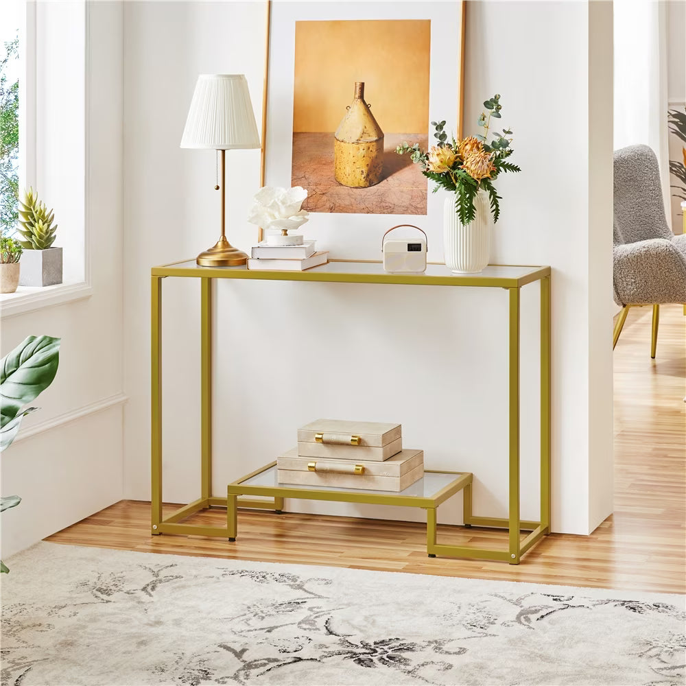Gold Tempered Glass Console Table with Metal Frame T4429