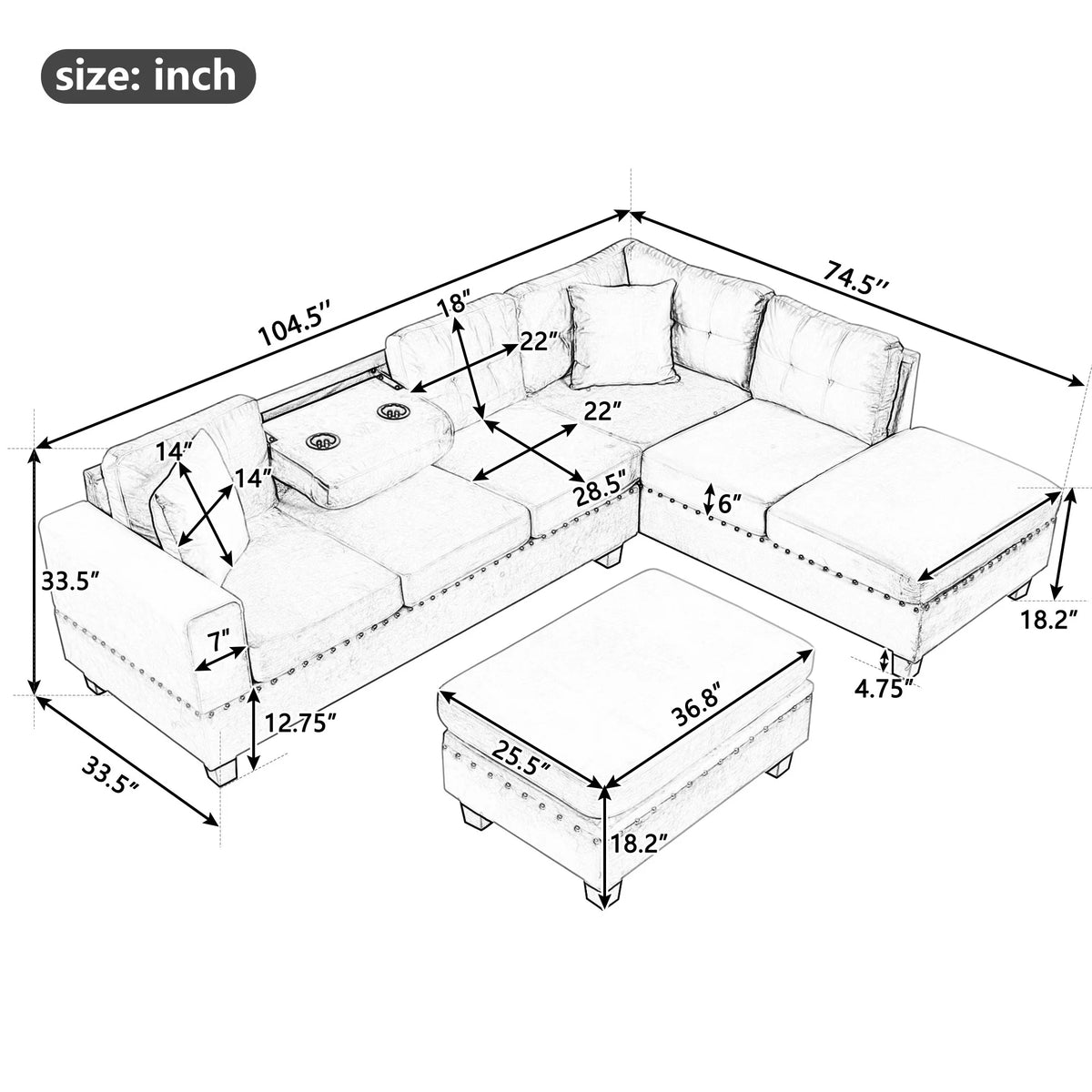 Light Gray Sectional Sofa with Storage Ottoman and Cup Holder Y99821
