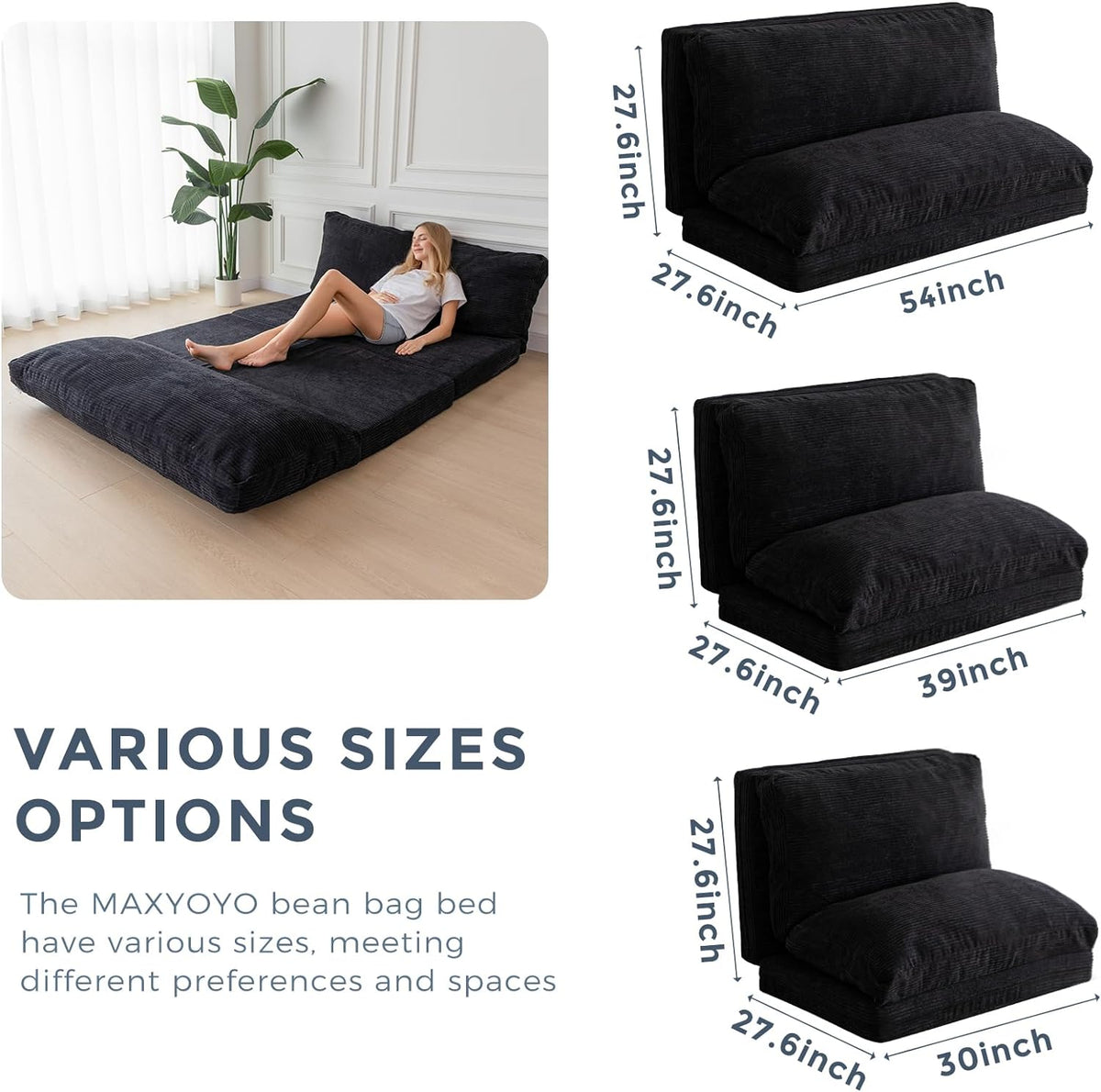 Black Corded Washable Bean Bag Bed Folding Sofa Bed Floor Mattress, 39x95 Inch L652