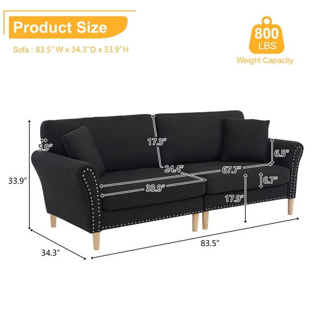 Black Upholstered 2-Seat Loveseat Sofa with 2 Pillows T828