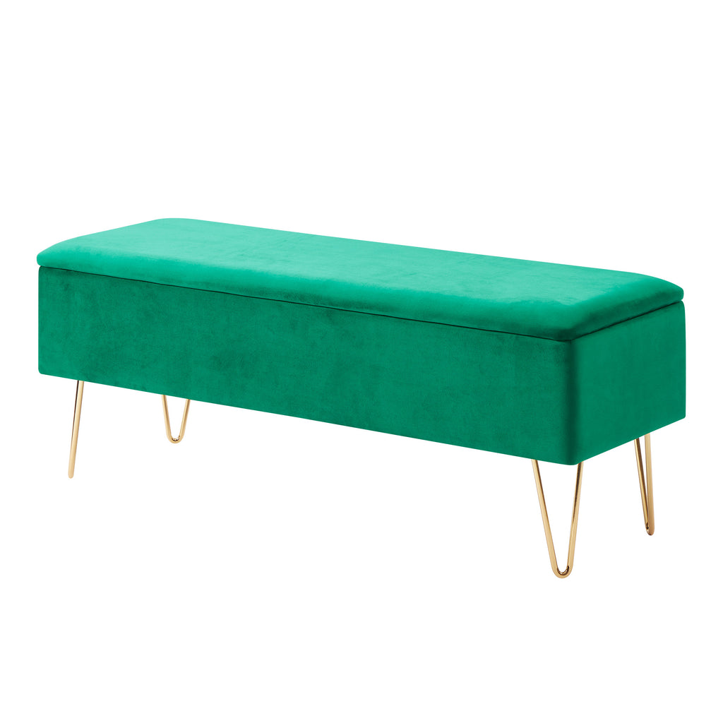 Emerald Green Velvet Storage Bench with Gold Finished Pin Legs R73116