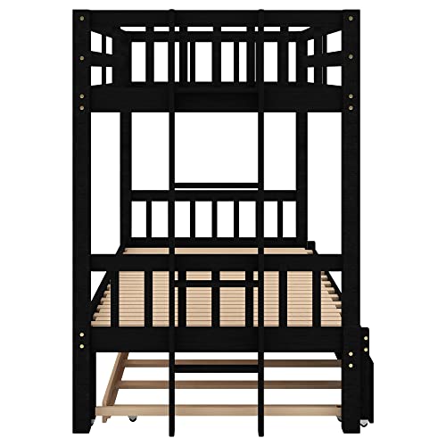 Twin over Double Twin Bunk Bed with Trundle, Wooden, Espresso I705544