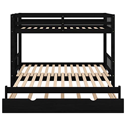 Twin over Double Twin Bunk Bed with Trundle, Wooden, Espresso I705544