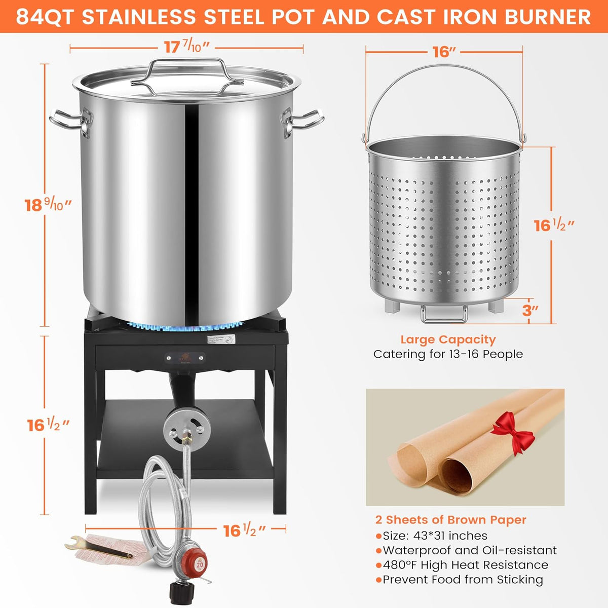 84QT Stainless Steel Seafood Boil Pot with Propane Fryer F605