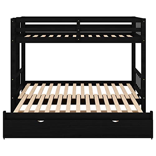 Twin over Double Twin Bunk Bed with Trundle, Wooden, Espresso I705544