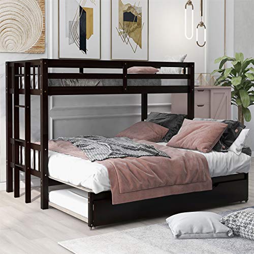 Twin over Double Twin Bunk Bed with Trundle, Wooden, Espresso I705544
