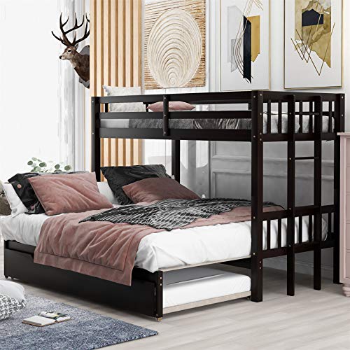 Twin over Double Twin Bunk Bed with Trundle, Wooden, Espresso I705544