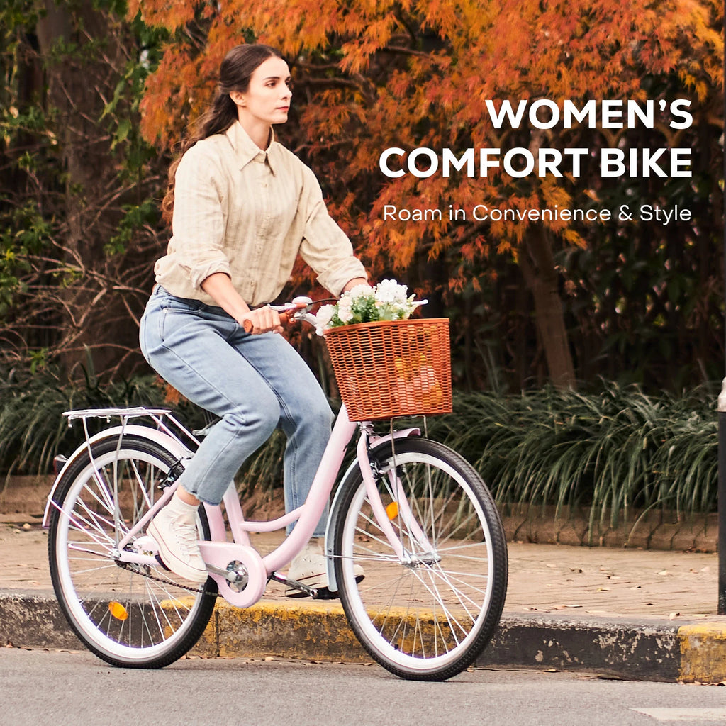 24 Inch City Cruiser Bicycle with Carbon Steel Frame Dual V Brakes Basket M7643