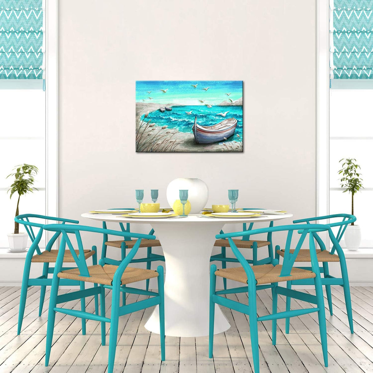 Canvas Wall Art Abstract Ocean Boat Painting Seascape Picture Prints Stretched and Framed 16x24Inch D4532
